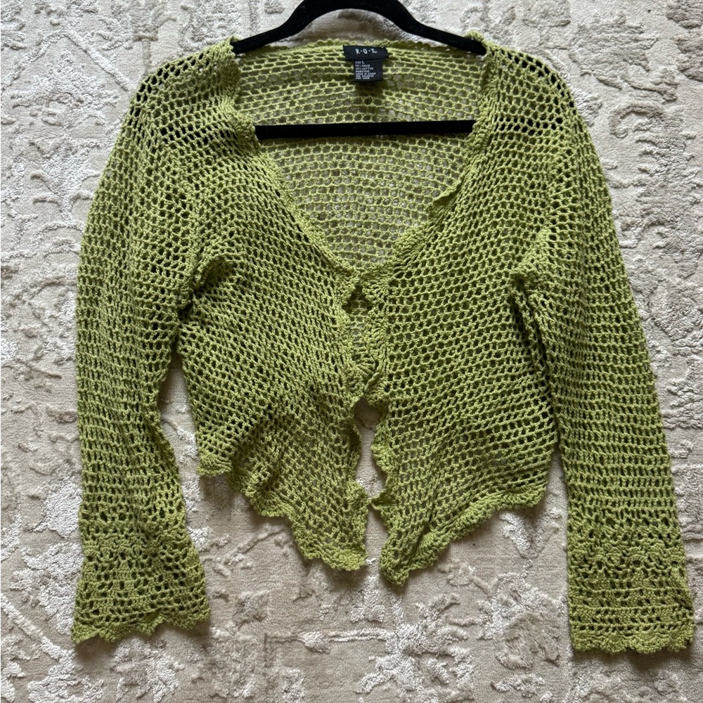 Y2K Boho Fairy Core Crochet Cropped Cardigan Bell Sleeves Size Large